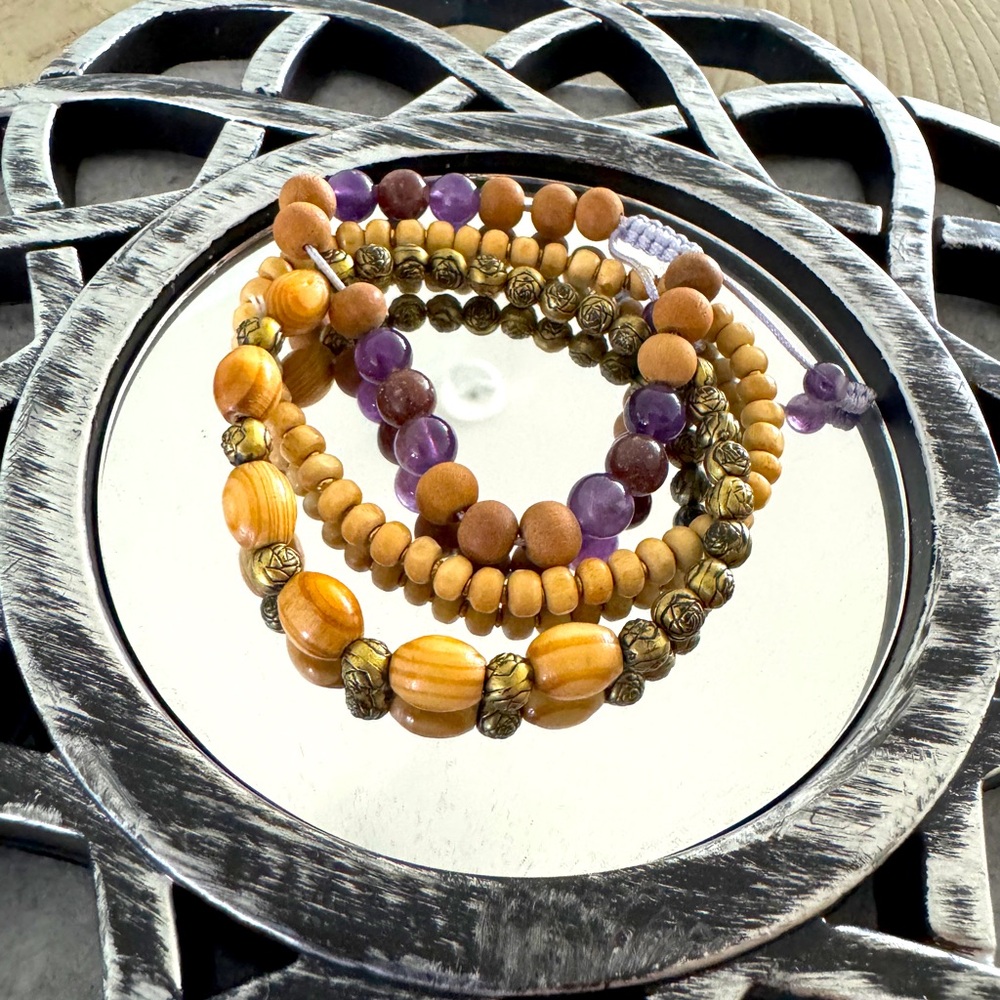 Beaded Bracelet Set in Natural wood, purple and bronze / stack of three